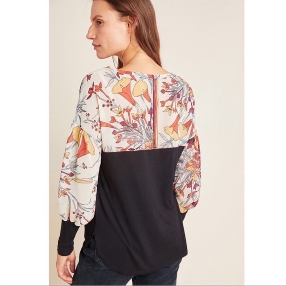 Anthropologie Tiny Raye Balloon Sleeve Mixed Media Blouse Black Size Small - Picture 3 of 16